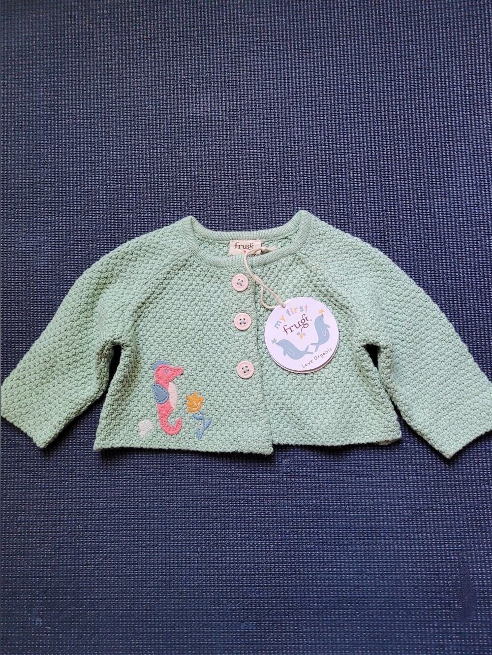 Frugi Mint Green Knit Baby Cardigan with Seahorse Applique NB Organic Cotton NWT